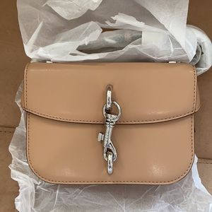 DKNY tan small leather crossbody shoulder bag silver hardware chain strap